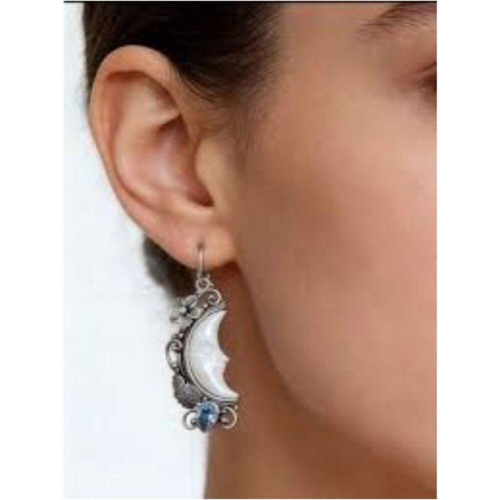 Celestial Man-In-the-Moon Earrings Aged Silvery Alloy Blue Faux Topaz Rhinestone